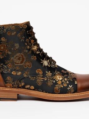Taft Black Floral Embroidered Lace-Up Boots with Brown Accents